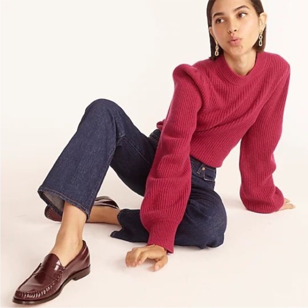 J.Crew 100% Cashmere Puff Sleeve Mockneck Sweater Fuchsia‎ Pink Size S